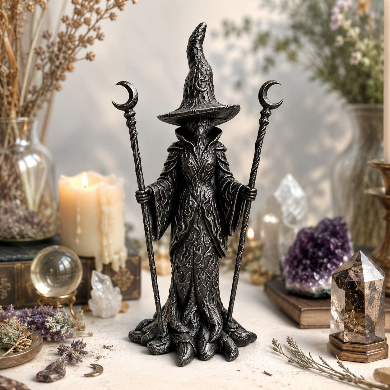 Gothic witch statue with dual crescent moon staffs near crystal ball and amethyst