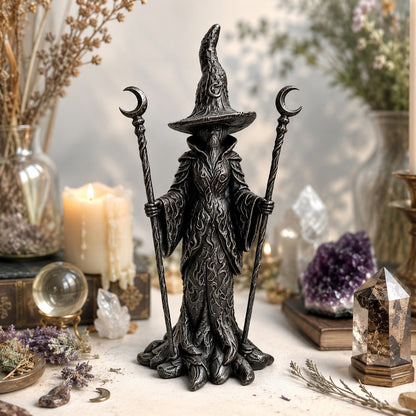 Gothic witch statue with dual crescent moon staffs near crystal ball and amethyst