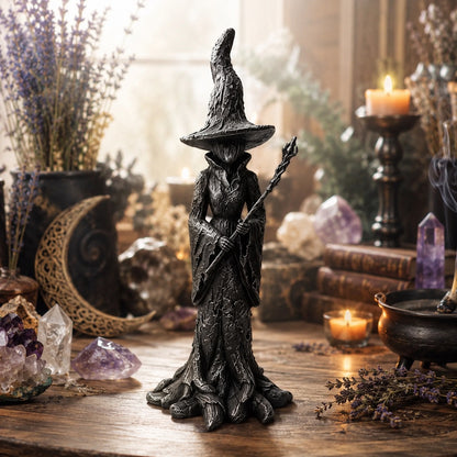 Gothic witch statue on wooden table with crystals candles and incense burner