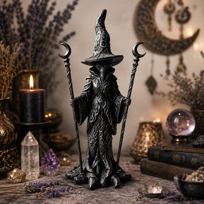 Gothic witch statue with dual crescent staffs near lantern and crystal ball decor
