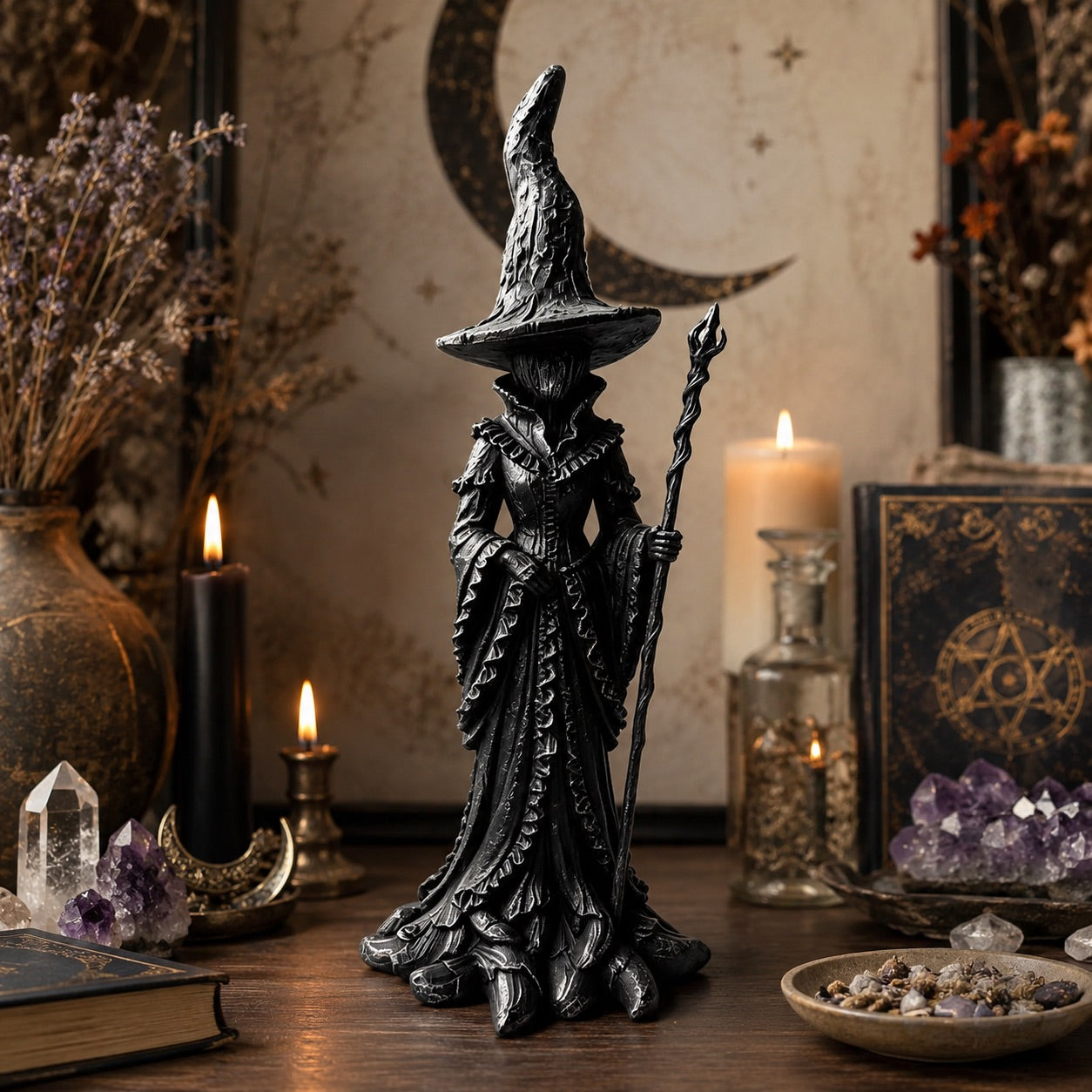 Gothic witch statue near spellbook with pentagram and amethyst crystals