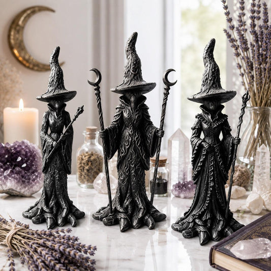 Gothic witch resin statue set of three with staffs near crystals and candles