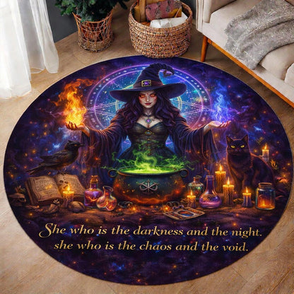 Gothic witch round rug with a black cat, raven, cauldron, and candles on a dark, starry background.