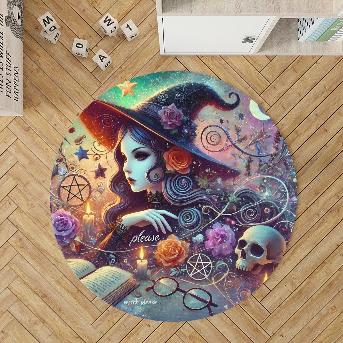 Gothic Witch Round Rug Halloween Witch Carpet-MoonChildWorld