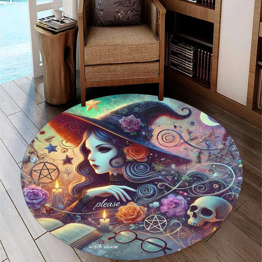 Gothic Witch Round Rug Halloween Witch Carpet-MoonChildWorld