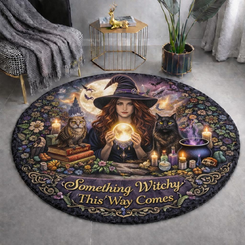 Gothic witch round rug with a witch, black cat, owl, cauldron, and "Something Witchy This Way Comes" text.