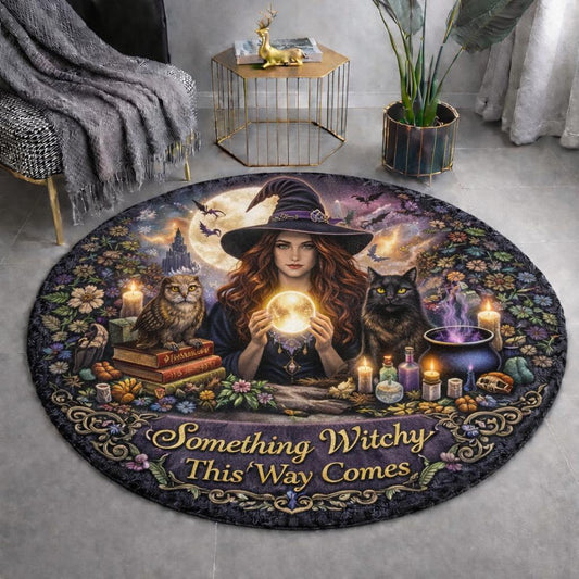 Gothic Witch Round Rug Spooky Cat and Owl Carpet for Halloween Home Decor-MoonChildWorld