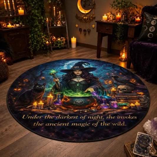 Gothic Witch Round Rug - Witchy Crow and Black Cat Carpet Spooky Halloween Decor_mockup_1.webp