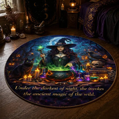 Gothic Witch Round Rug - Witchy Crow and Black Cat Carpet Spooky Halloween Decor_mockup_3.webp