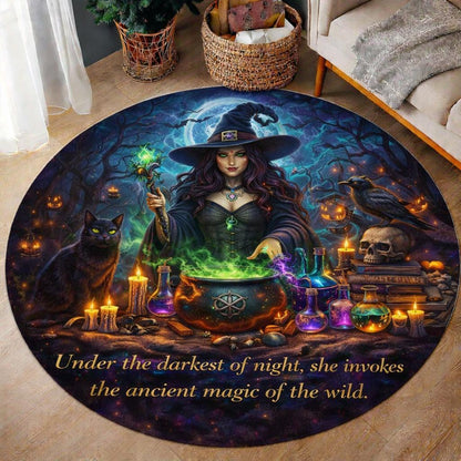 Gothic witch round rug with black cat, crow, cauldron, and candles under a full moon.