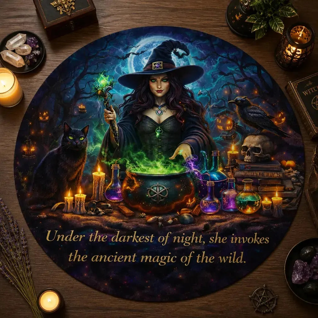 Gothic Witch Round Rug - Witchy Crow and Black Cat Carpet Spooky Halloween Decor_mockup_2.webp