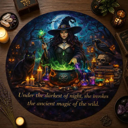 Gothic Witch Round Rug - Witchy Crow and Black Cat Carpet Spooky Halloween Decor_mockup_2.webp