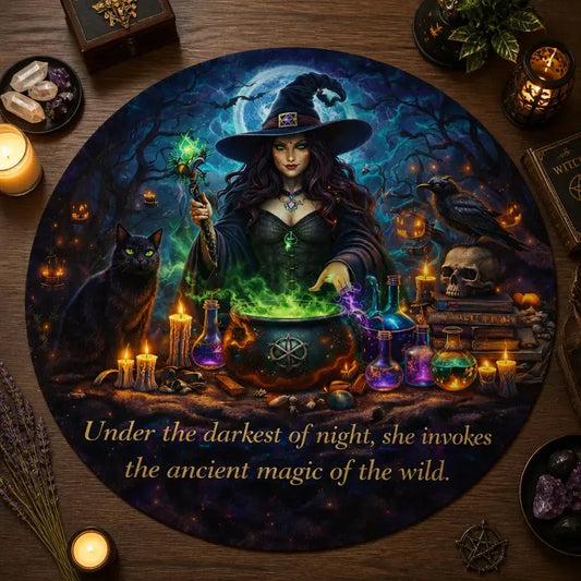 Gothic Witch Round Rug - Witchy Crow and Black Cat Carpet Spooky Halloween Decor_mockup_2.webp
