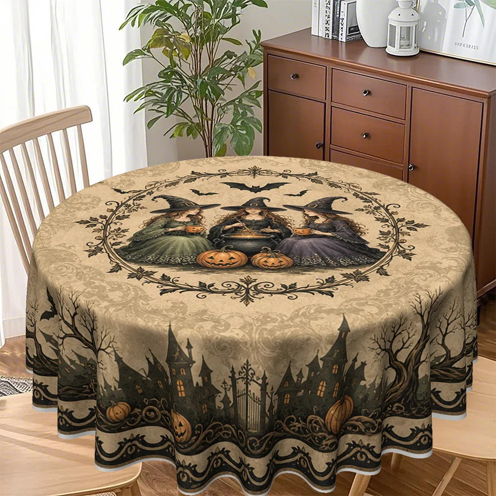Gothic witch round tablecloth in beige and black Halloween style