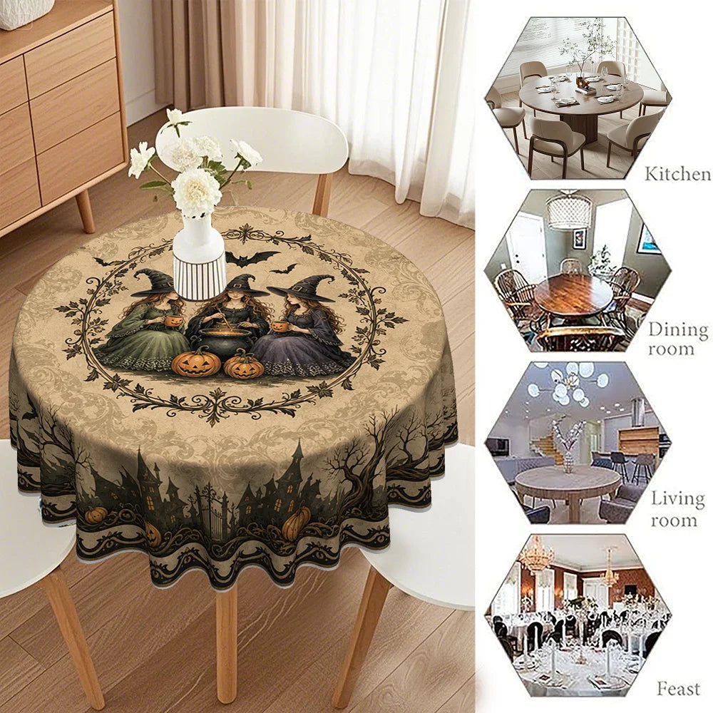 Gothic witch round tablecloth in beige and black Halloween style