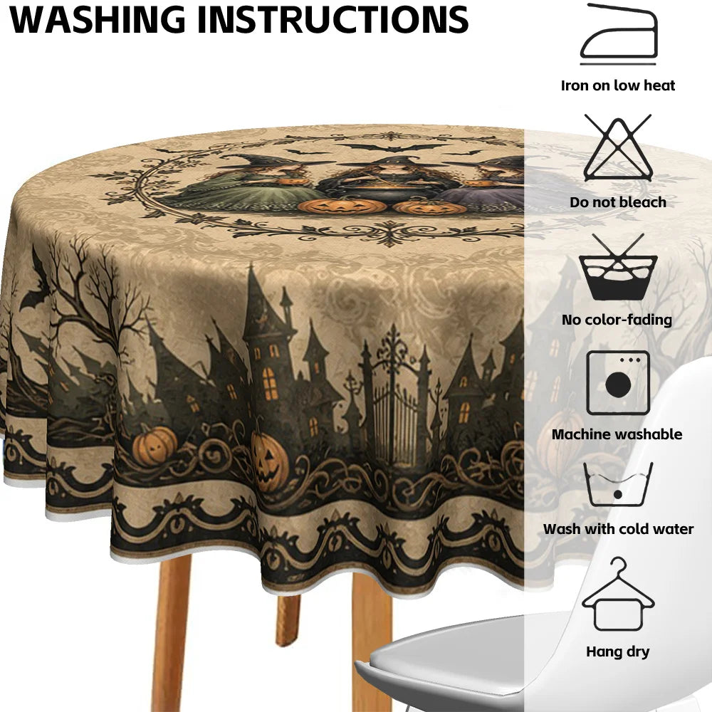 Gothic witch round tablecloth in beige and black Halloween style