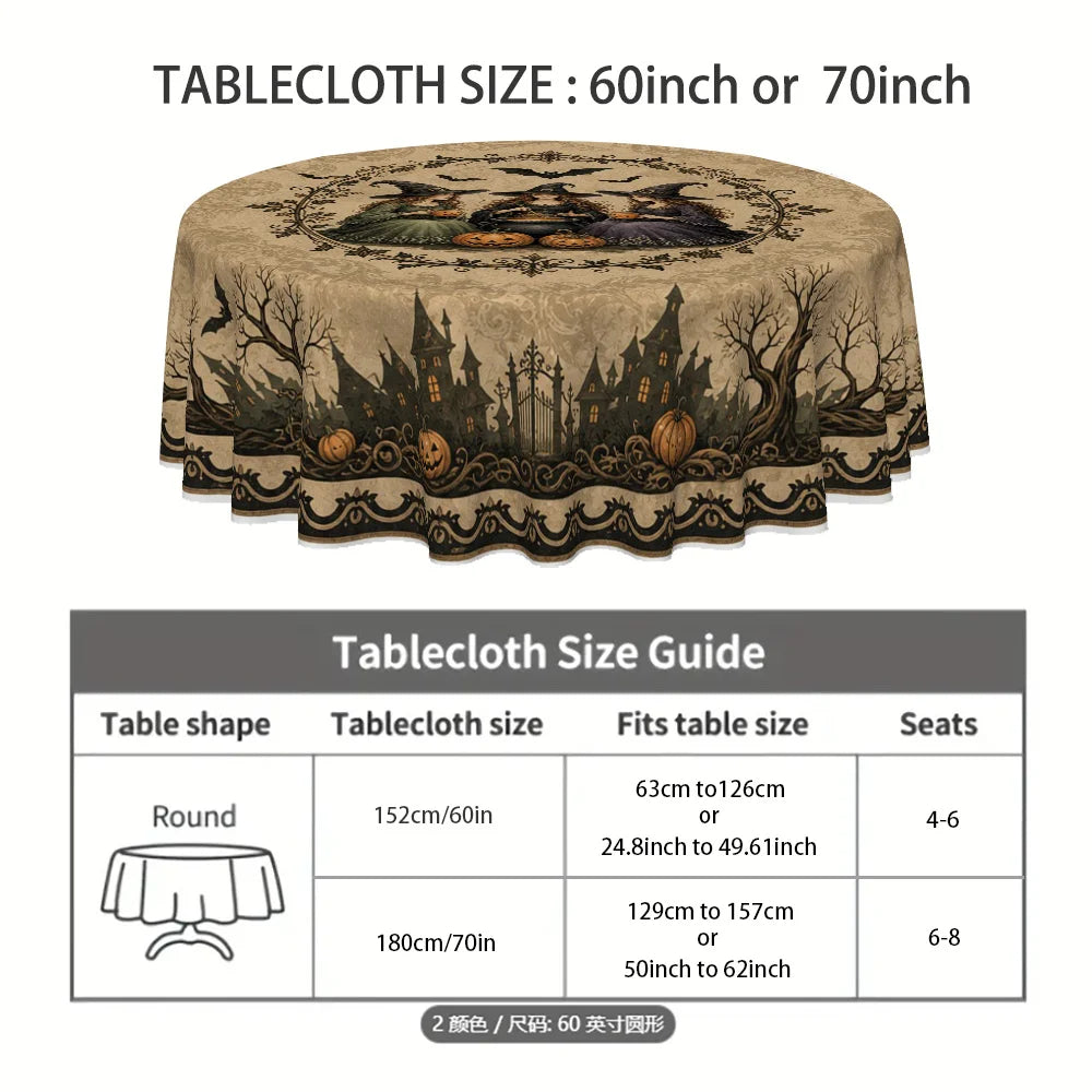 Gothic witch round tablecloth in beige and black Halloween style