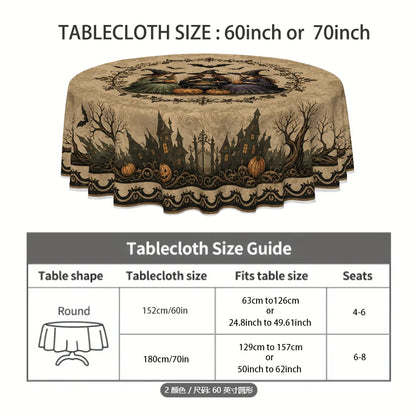 Gothic witch round tablecloth in beige and black Halloween style