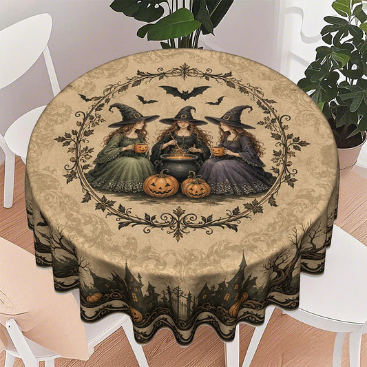 Gothic witch round tablecloth in beige and black Halloween style
