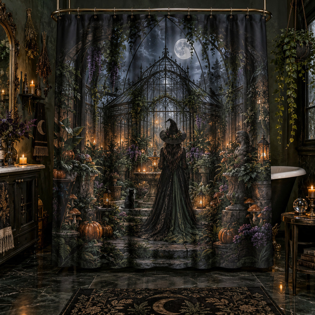 Gothic Witch Shower Curtain - Haunted Botanical Greenhouse
