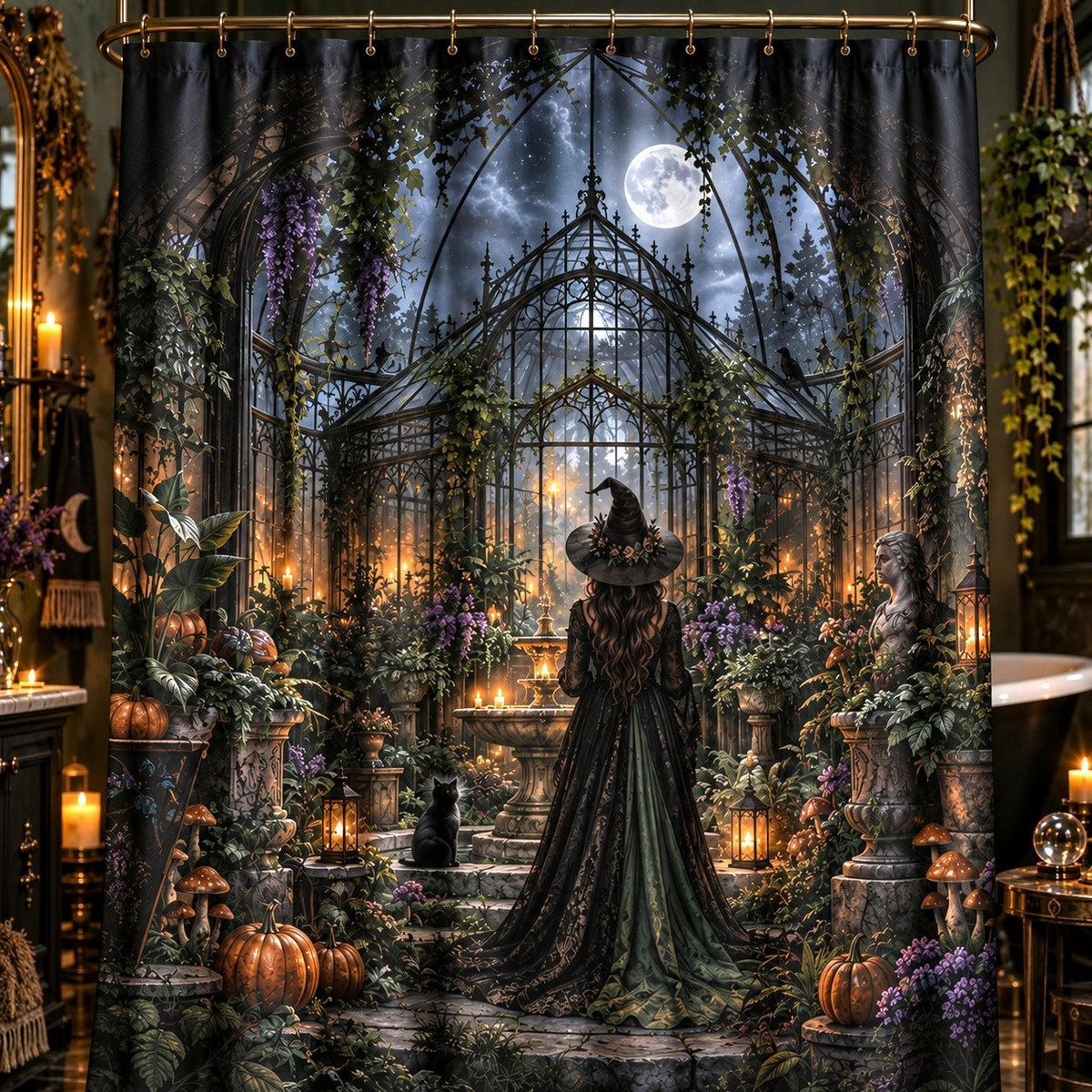 Gothic Witch Shower Curtain - Haunted Botanical Greenhouse