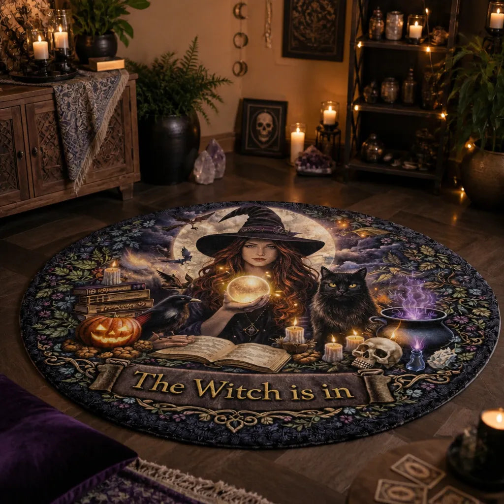 Gothic Witch Spooky Cat and Raven Round Rug Halloween Carpet for Witch Home Decor_mockup_1.webp