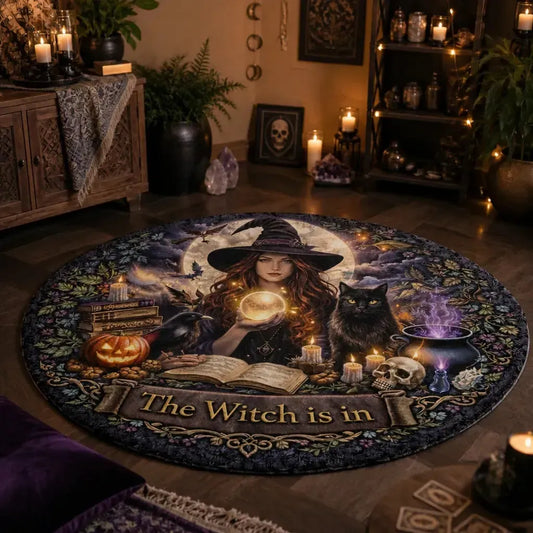 Gothic Witch Spooky Cat and Raven Round Rug Halloween Carpet for Witch Home Decor_mockup_1.webp
