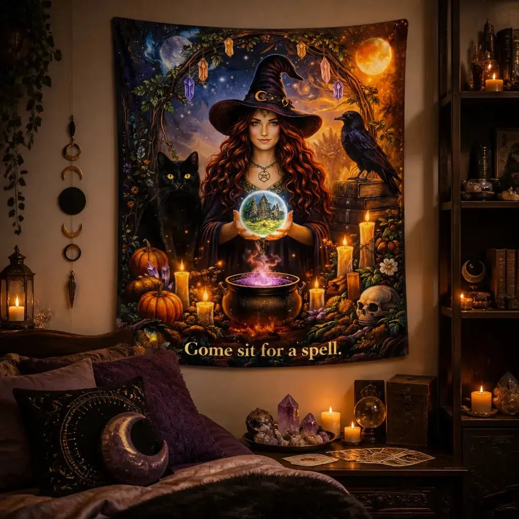Gothic Witch Tapestry with Dark Crow & Black Cat Wall Hanging for Halloween_mockup_1.webp