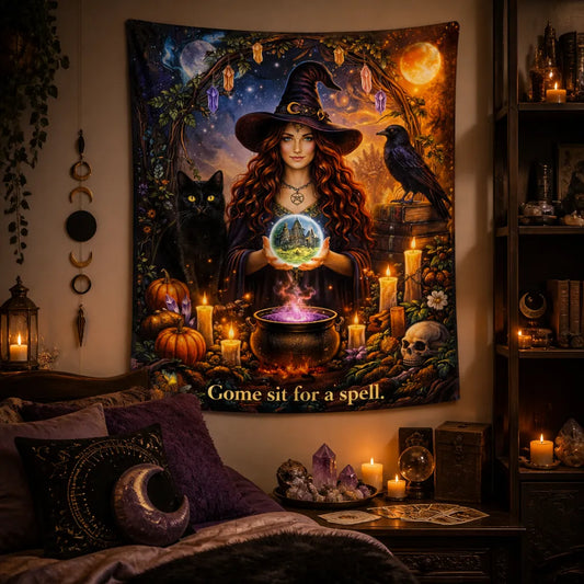 Gothic Witch Tapestry with Dark Crow & Black Cat Wall Hanging for Halloween_mockup_1.webp