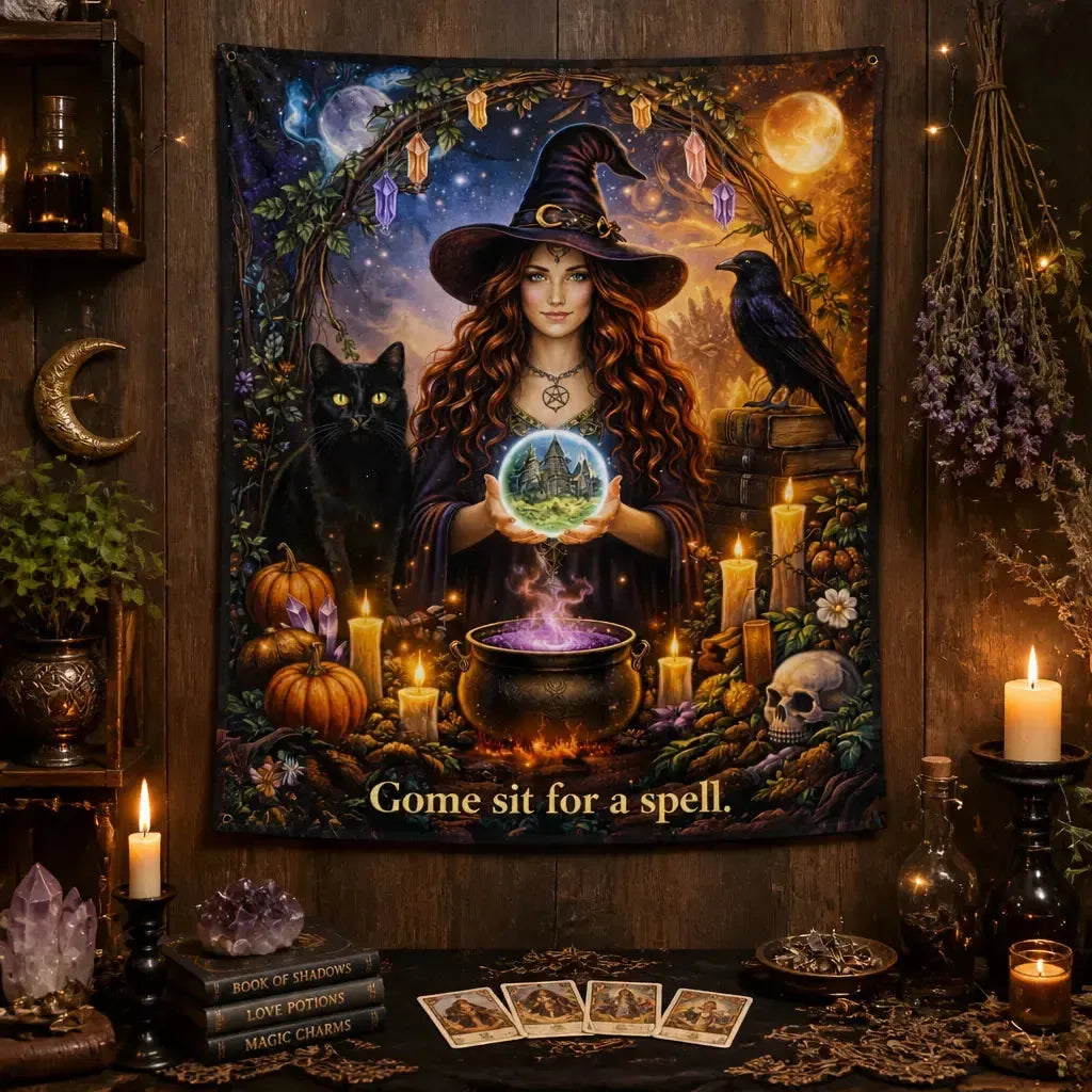 Gothic Witch Tapestry with Dark Crow & Black Cat Wall Hanging for Halloween_mockup_2.webp