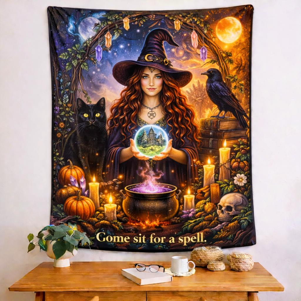 Gothic witch tapestry with red-haired witch, black cat, crow, cauldron, and glowing crystal ball.