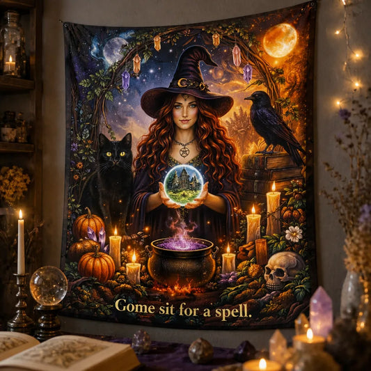 Gothic Witch Tapestry with Dark Crow & Black Cat Wall Hanging for Halloween_mockup_3.webp
