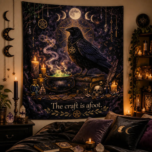 Gothic Witch Tapestry with Dark Crow, Moon Phases - Wiccan Raven Wall Hanging_mockup_1.webp