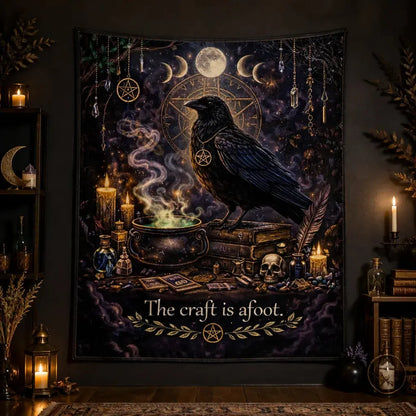 Gothic Witch Tapestry with Dark Crow, Moon Phases - Wiccan Raven Wall Hanging_mockup_2.webp