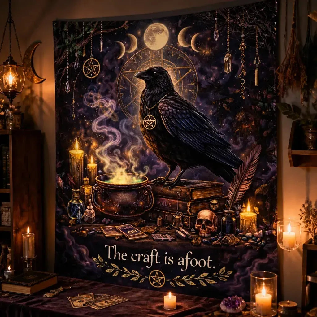 Gothic Witch Tapestry with Dark Crow, Moon Phases - Wiccan Raven Wall Hanging_mockup_3.webp