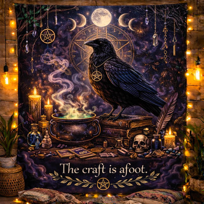 Dark gothic witch tapestry with a raven, moon phases, cauldron, candles, and "The craft is afoot." text.