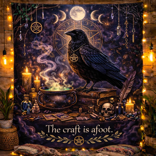 Gothic Witch Tapestry with Dark Crow, Moon Phases - Wiccan Raven Wall Hanging-MoonChildWorld