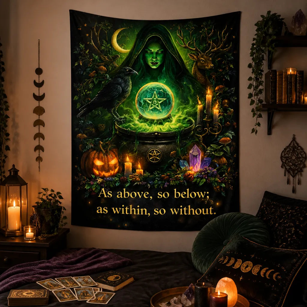 Gothic Witch Tapestry with Dark Crow Wiccan Wall Hanging for Halloween_mockup_1.webp