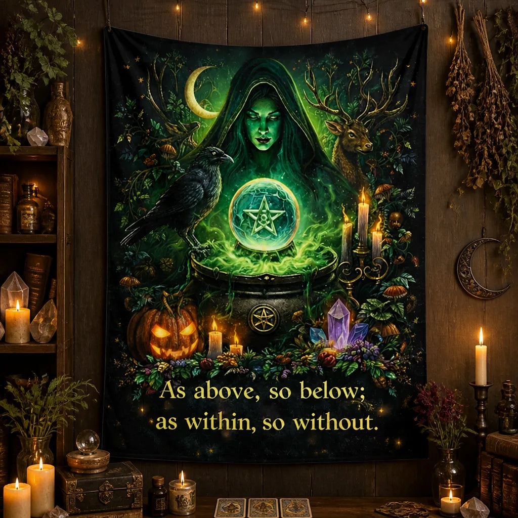 Gothic Witch Tapestry with Dark Crow Wiccan Wall Hanging for Halloween_mockup_2.webp