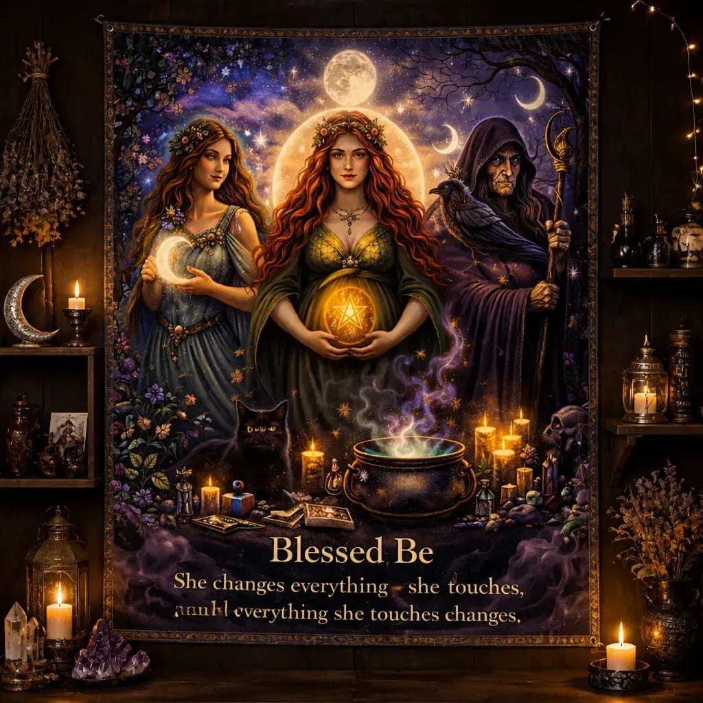 Gothic Witch Tapestry with Dark Crow - Wiccan Wall Hanging for Halloween_mockup_2.webp