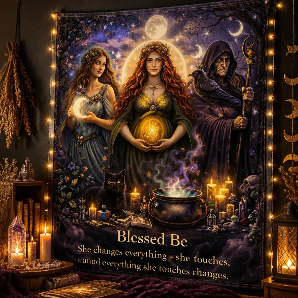 Gothic Witch Tapestry with Dark Crow - Wiccan Wall Hanging for Halloween_mockup_3.webp