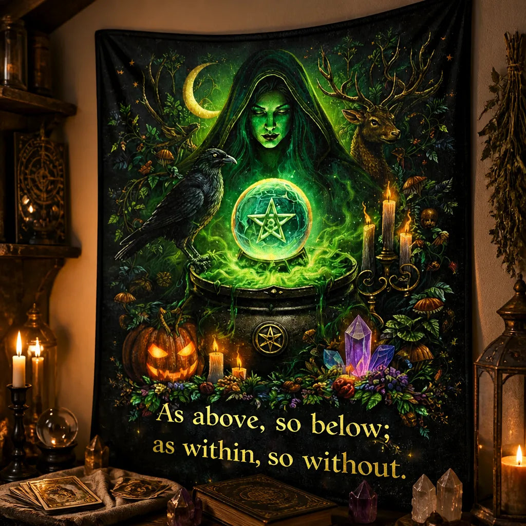 Gothic Witch Tapestry with Dark Crow Wiccan Wall Hanging for Halloween_mockup_3.webp