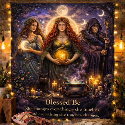 Gothic witch tapestry with three figures, dark crow, glowing cauldron, and "Blessed Be" text.
