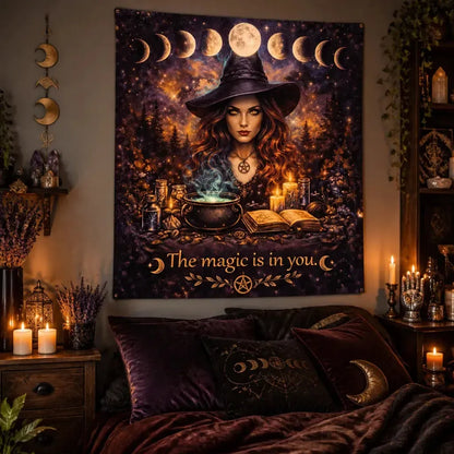 Gothic Witch Tapestry with Moon Phase - Wiccan Wall Hanging for Halloween_mockup_1.webp