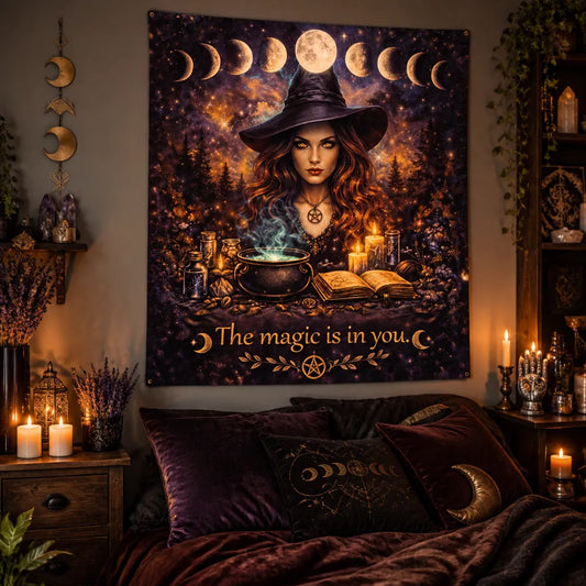 Gothic Witch Tapestry with Moon Phase - Wiccan Wall Hanging for Halloween_mockup_1.webp