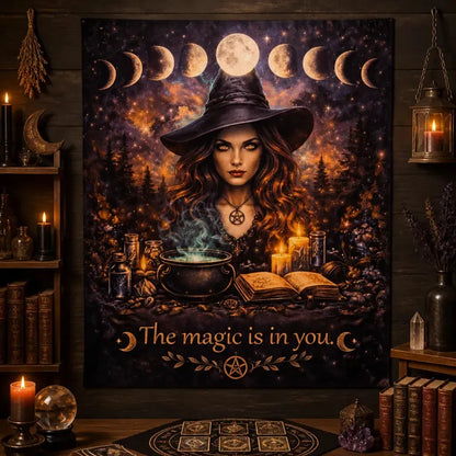 Gothic Witch Tapestry with Moon Phase - Wiccan Wall Hanging for Halloween_mockup_2.webp