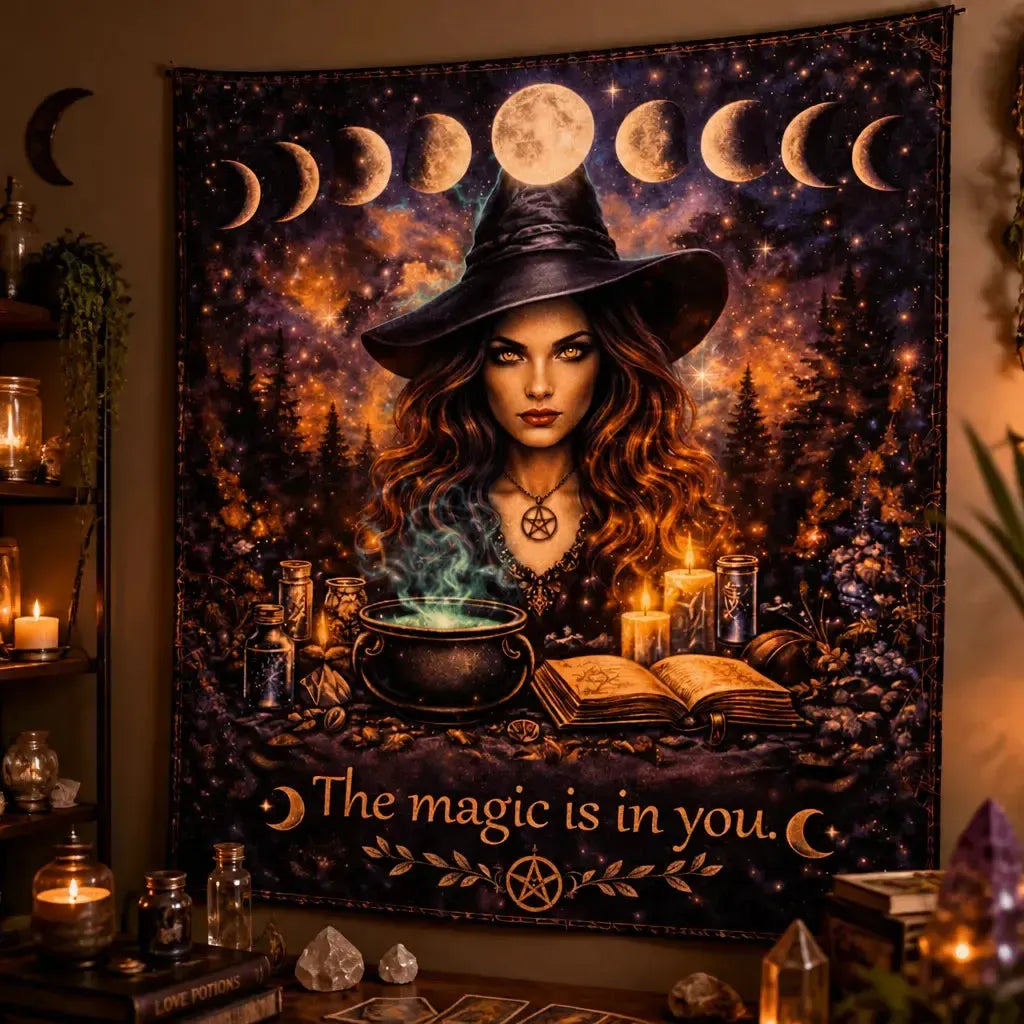 Gothic Witch Tapestry with Moon Phase - Wiccan Wall Hanging for Halloween_mockup_3.webp