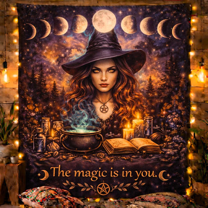 Gothic witch tapestry with moon phases, a cauldron, spellbook, and "The magic is in you" text.