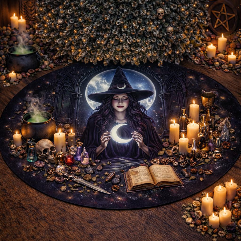 Gothic witch holding a glowing crescent moon on a dark velvet tree skirt with arcane symbols and candles.