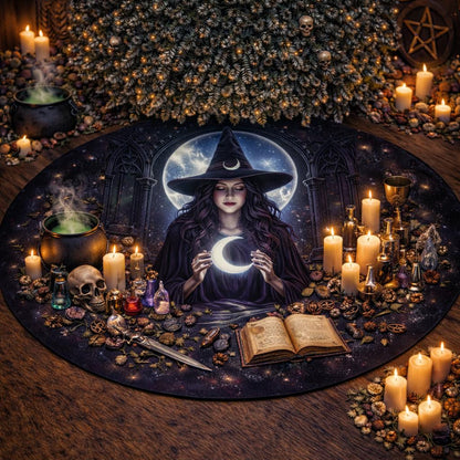 Gothic witch holding a glowing crescent moon on a dark velvet tree skirt with arcane symbols and candles.